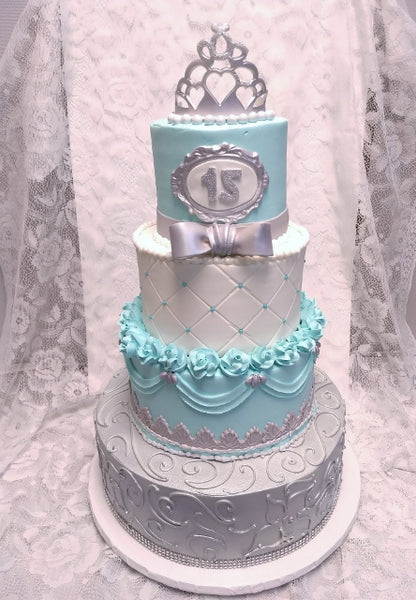 Aqua and Silver 4 Tier Cake - Quinceanera – Tiffany's Bakery